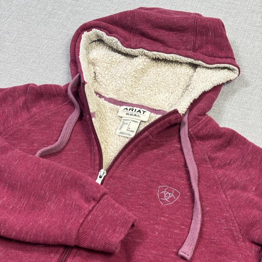 Ariat REAL Hoodie Women Small Red Full Zip Lined Sherpa Faux Fur Kangaroo Pocket - Picture 1 of 10